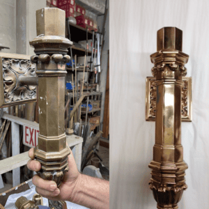 Before-and-after comparison of an ornate bronze architectural fixture restored and refinished.