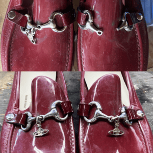 Before-and-after comparison of restored silver hardware on burgundy leather loafers.