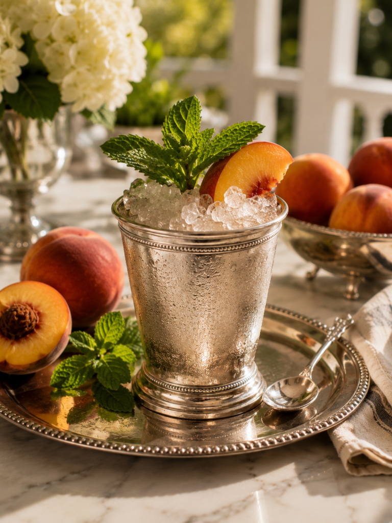 Mint julep cocktails with crushed ice served in silver cup.