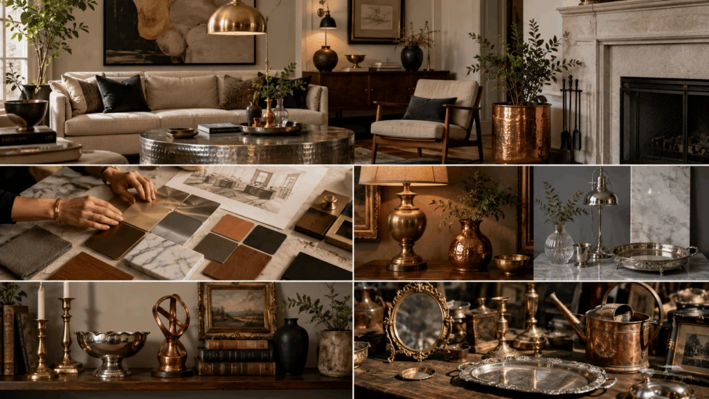 Interior design collage featuring brass lighting, copper planters, silver trays, and metal decor in a warmly furnished living room
