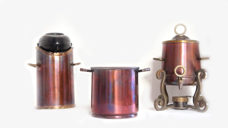 Three pieces of copper hollowware